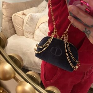 Dior Navy Velvet Mini Bag with Gold Chain